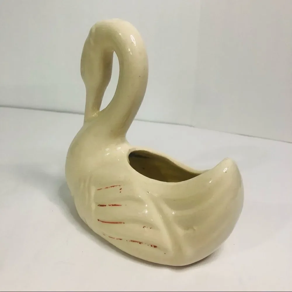 vintage whimsical white swan ceramic white planter 1930's-40's kitschy dish bird